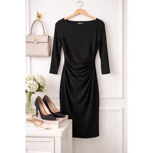 Lauren Ralph Lauren Black Ruched Sheath Dress Boat Neck 3/4 Sleeve Stretch Sz 6